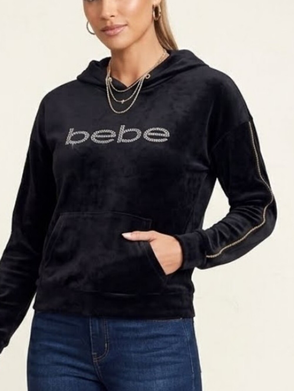 bebe Ciara Black Velour Pullover Hoodie with Rhinestone Logo